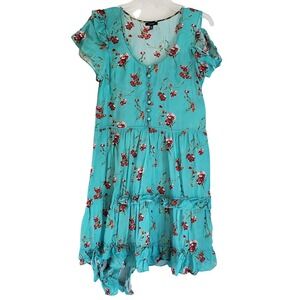 R13 Dress Womens Medium Light Aqua Blue Floral Babydoll Ruffle Tiered Boho Scoop